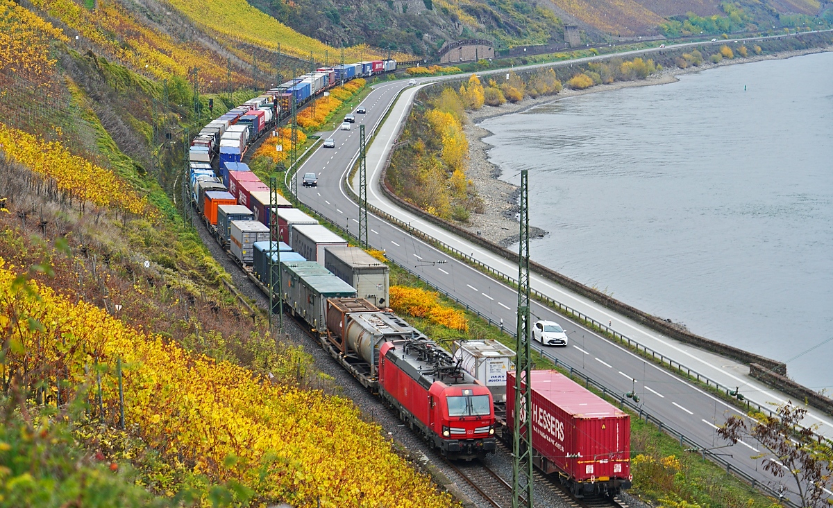 Am 16.11.2024 kreuzen sich am Bopparder Hamm die südwärts fahrende 193 323 und die Lineas-186 445 in der Gegenrichtung