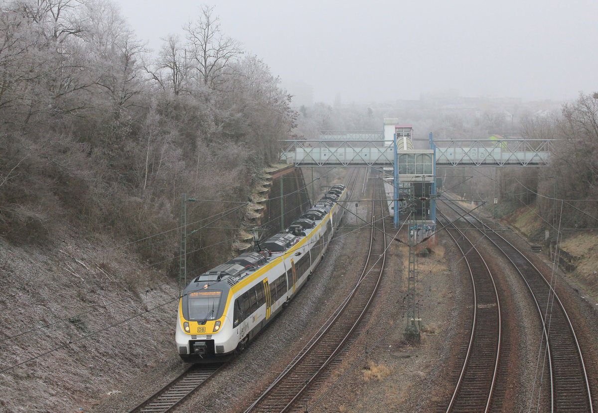Am 23.01.2020 legt sich ein von 442 702 angeführtes Hamsterpärchen als RE Stuttgart-Freudenstadt/Rottweil bei Stuttgart-Österfeld in den Bogen. 