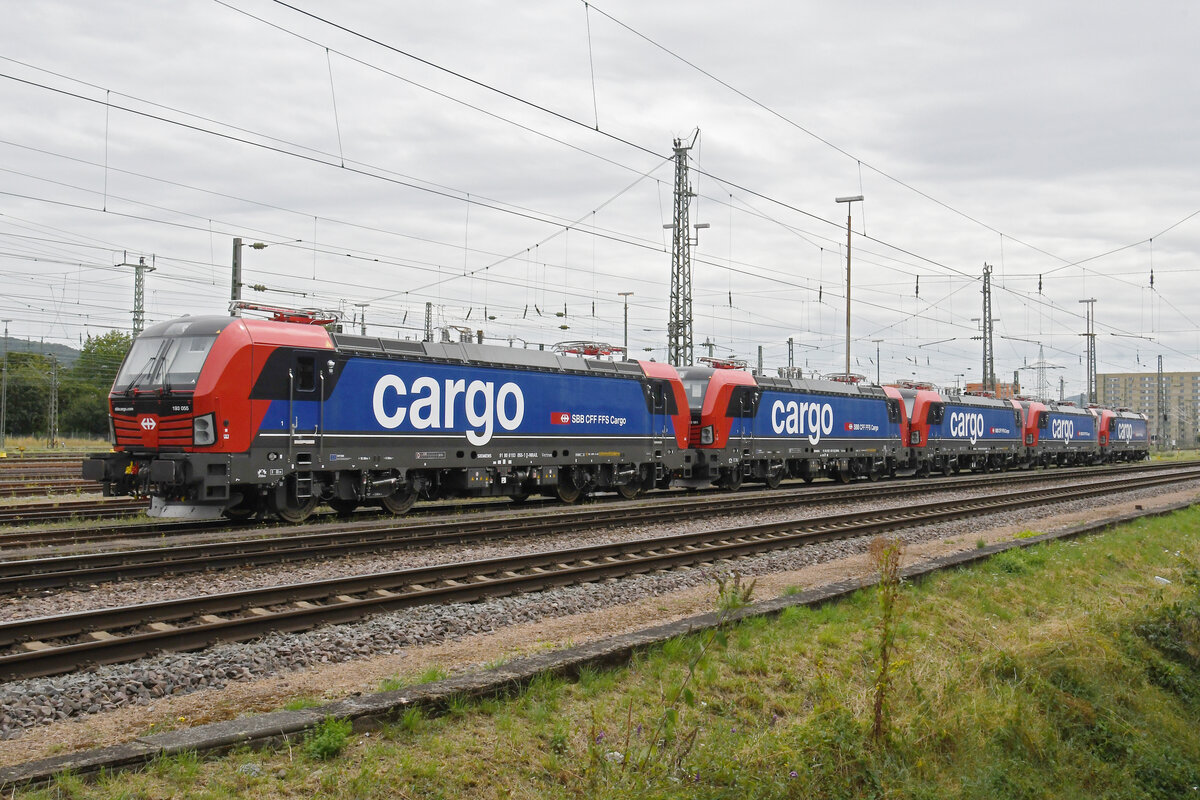 Am 26.08.2024 stehen fünf Fabrikneue Siemens Vectron für SBB Cargo auf einem Abstellgleis beim badischen Bahnhof. Die Loks tragen folgende Nummern: 193 051-0, 193 052-8, 193 053-6, 193 054-4 und 193 055-1. Aufnahme Basel.