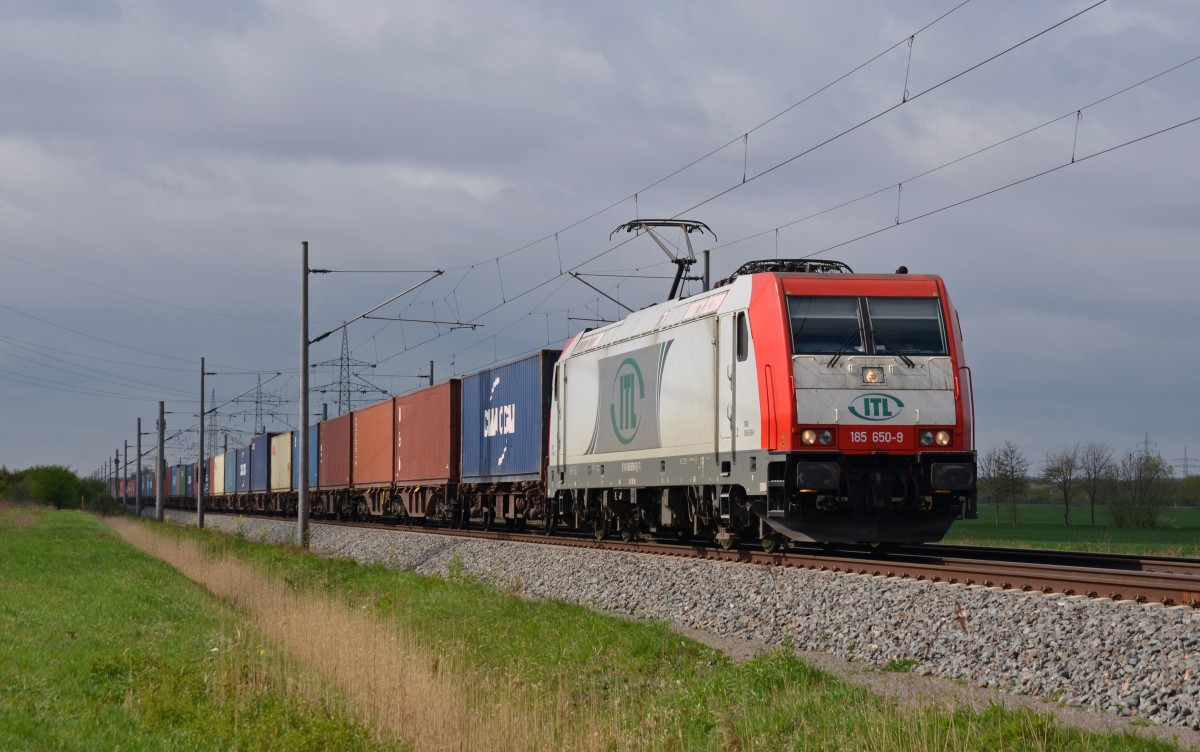 Aus Richtung Halle(S) kam 185 650 mit einem Containerzug angerollt. Hier passiert sie am 10.04.14 Braschwitz.