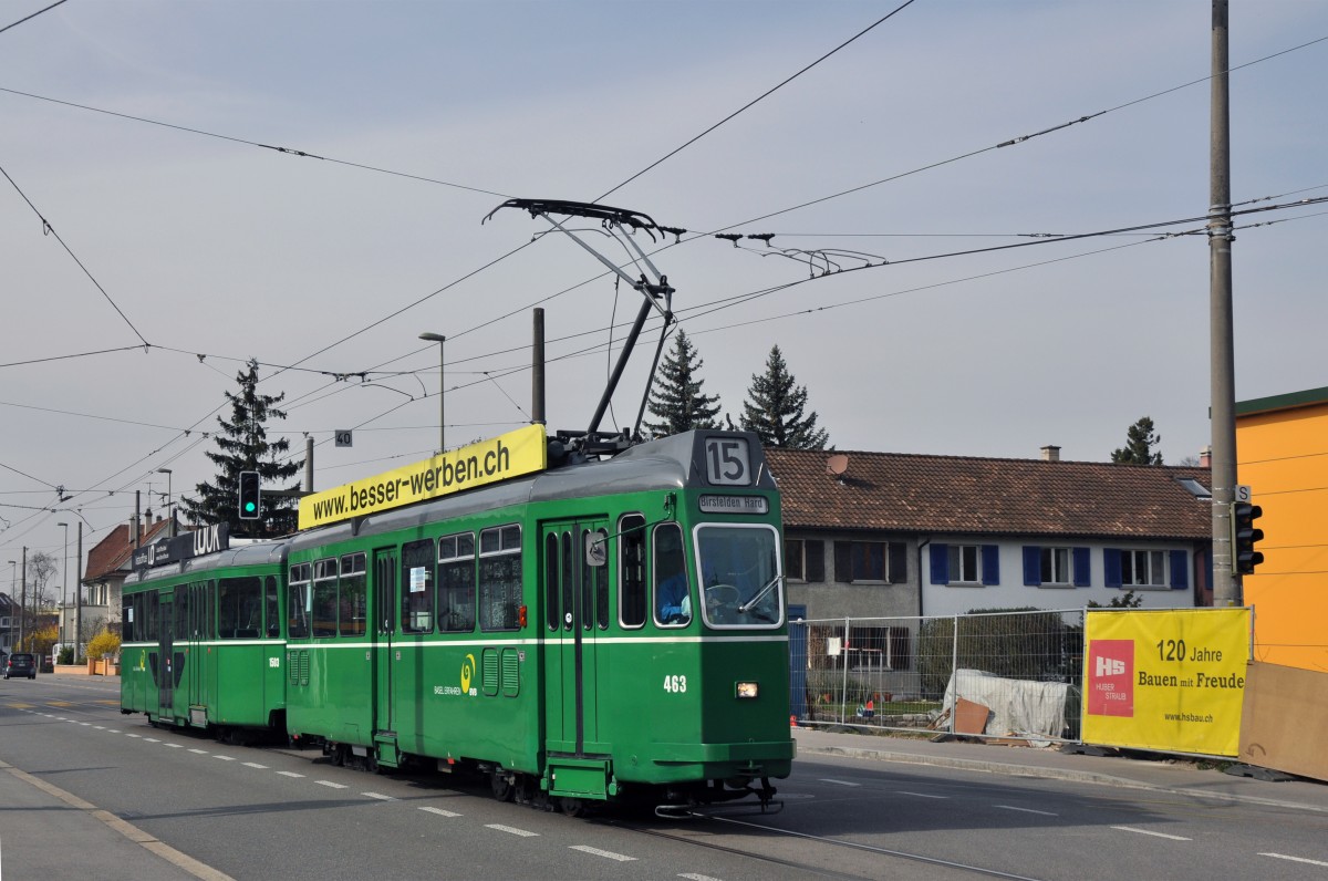 Be 4/4 463 während der Basler Fasnacht zusammen mit dem B 1503 an der Birsfelder Hard. Die Aufnahme stammt vom 11.03.2014.