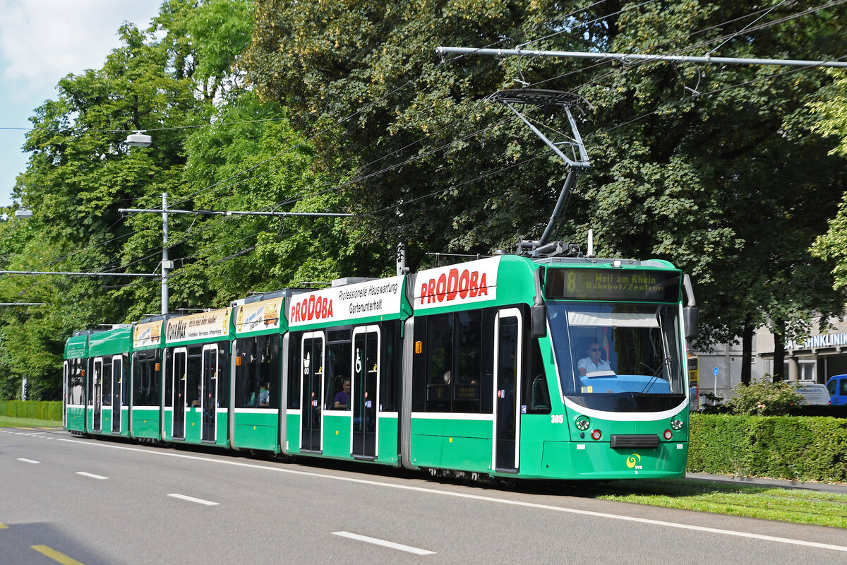 Be 6/8 Combino 305, auf der Linie 8, fährt am 20.07.2023 zur Haltestelle am Aeschenplatz.