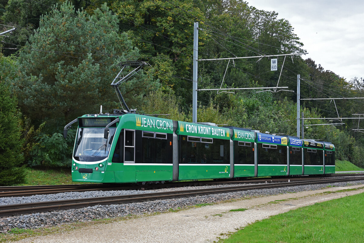 Be 6/8 Combino 307, auf der Linie 14, fährt am 07.10.2024 zur Haltestelle Lachmatt. Aufnahme Muttenz.