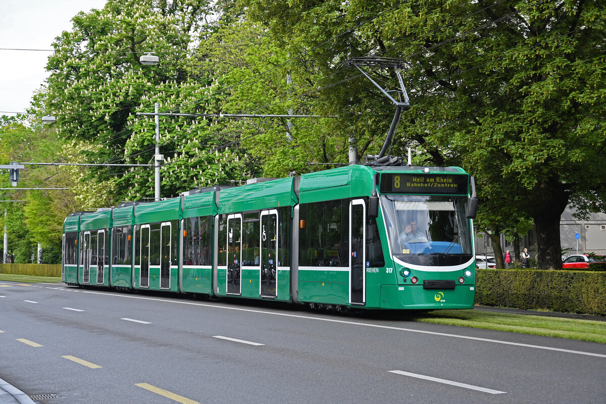 Be 6/8 Combino 317, auf der Linie 8, fährt am 05.05.2023 zur Haltestelle am Aeschenplatz.