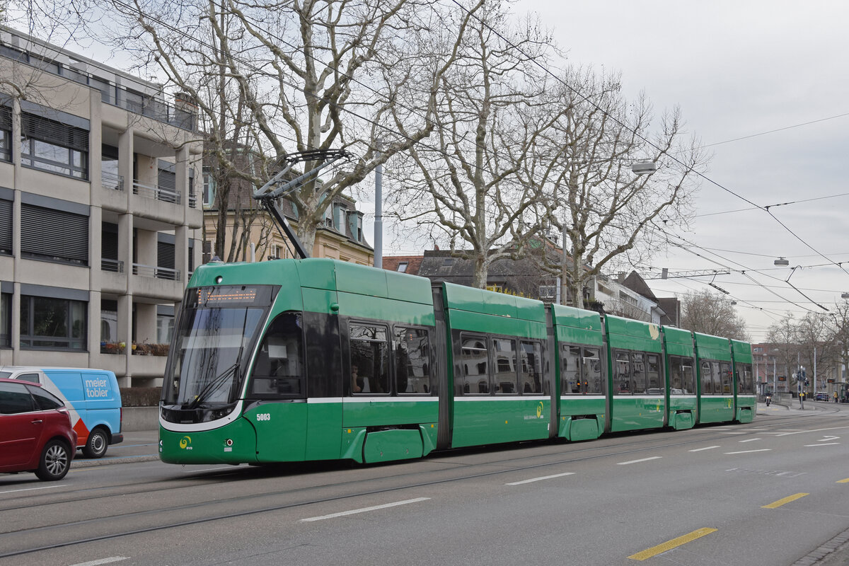 Be 6/8 Flexity 5003, auf der Linie 1, fährt am 17.03.2023 zur Haltestelle Schützenhaus.