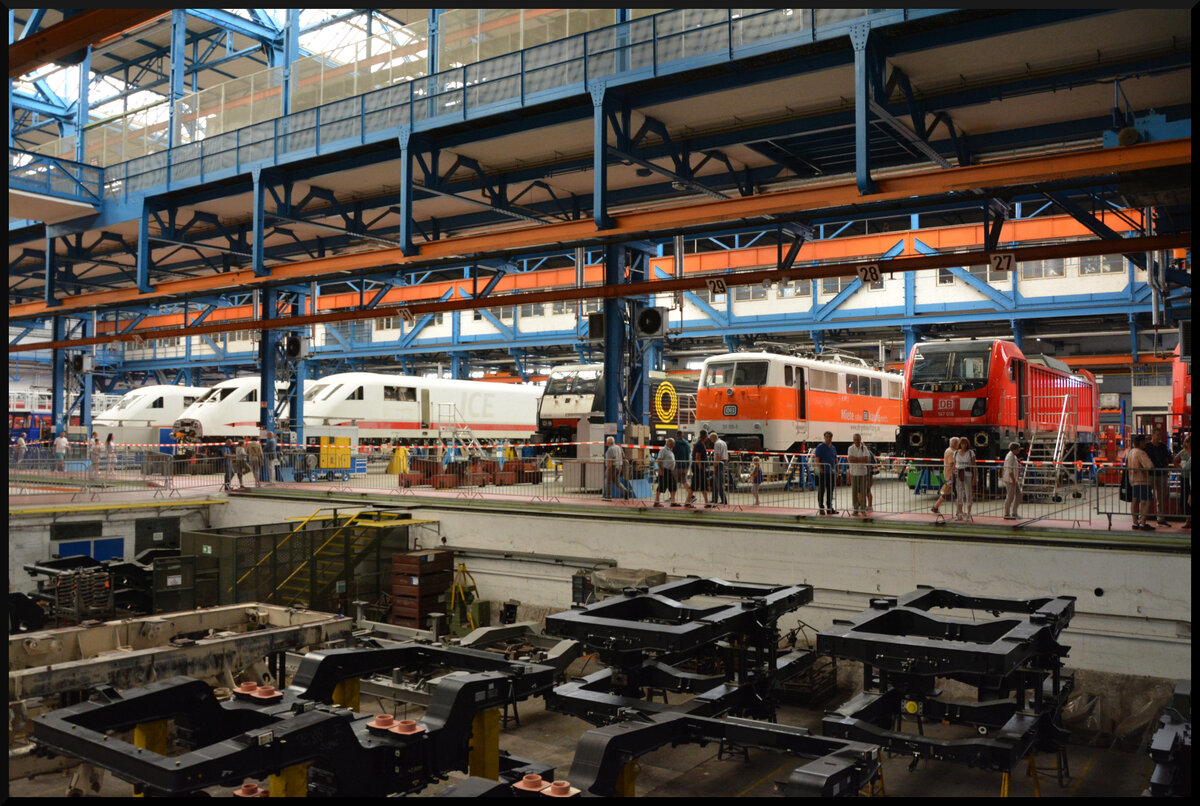 Blick in die Richthalle mit ICE-Triebköpfen und Lokomotiven beim Tag der offenen Tür am 31.08.2024 im DB Werk Dessau.