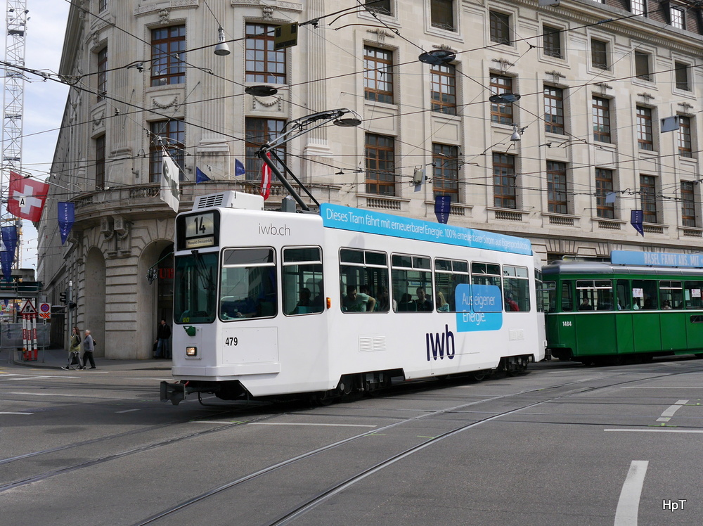 BVB Basel - Tram Be 4/4 479 unterwegs auf der Linie 14 in der Stadt Basel am 29.03.2014