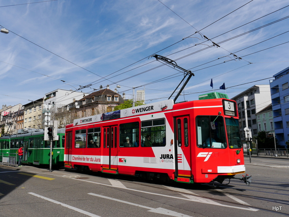 BVB Basel - Tram Be 4/4 482 unterwegs auf der Linie 3 in der Stadt Basel am 29.03.2014