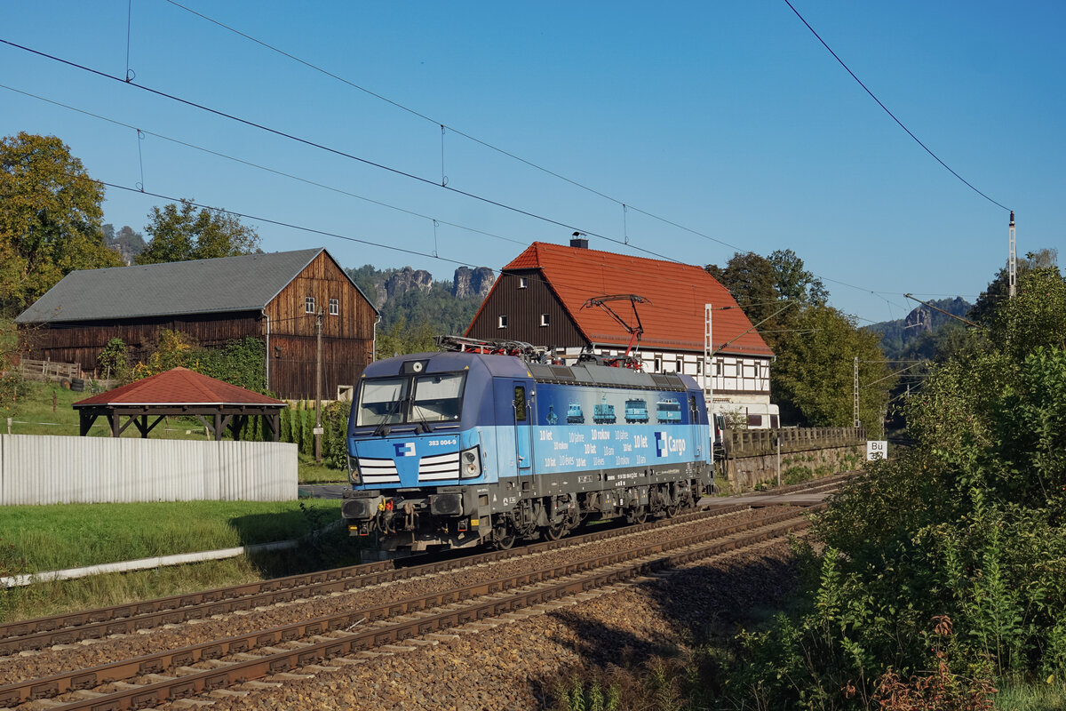 CD Cargo 383 004 fuhr am Morgen des 09.10.2024 alleine durch Rathen Richtung Tschechien.