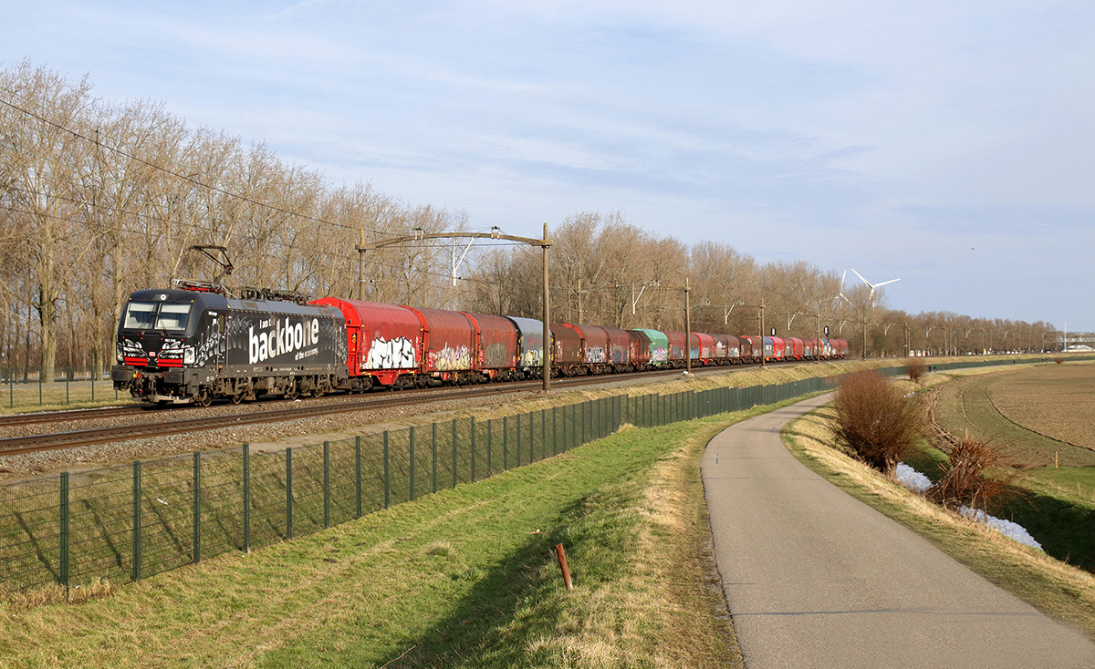 DB Cargo 193 318 Mr Backbone mit einem Stahlzug hier in Willemsdorp, 21. Februar 2021.