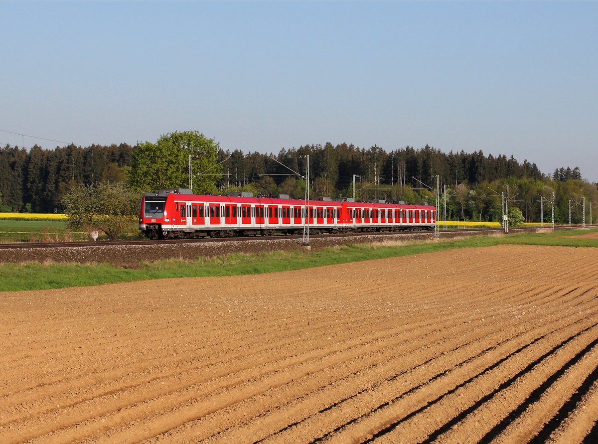 Der 423 179 und der 423 590 als S Bahn nach Holzkirchen am 07.05.2016 unterwegs bei Sauerlach.