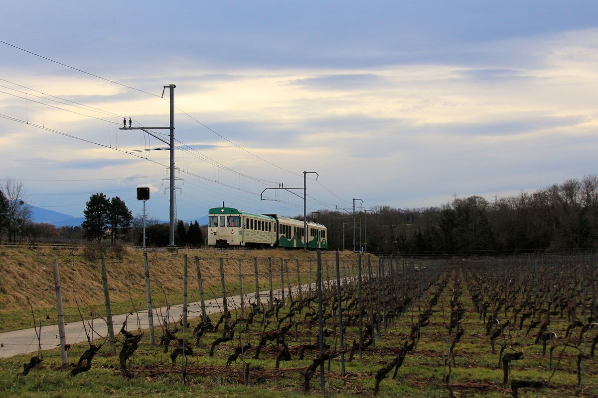 Der heftige Föhn, der den Himmel grell blau erscheinen liess, hat sich gelegt - unter dem sich eintrübendem Himmel einer bösen Kaltfront kommt ein Zug mit Steuerwagen 51, neuem Personenwagen 2068 und Triebwagen 38 nach Vufflens herauf. 3.Februar 2017. 