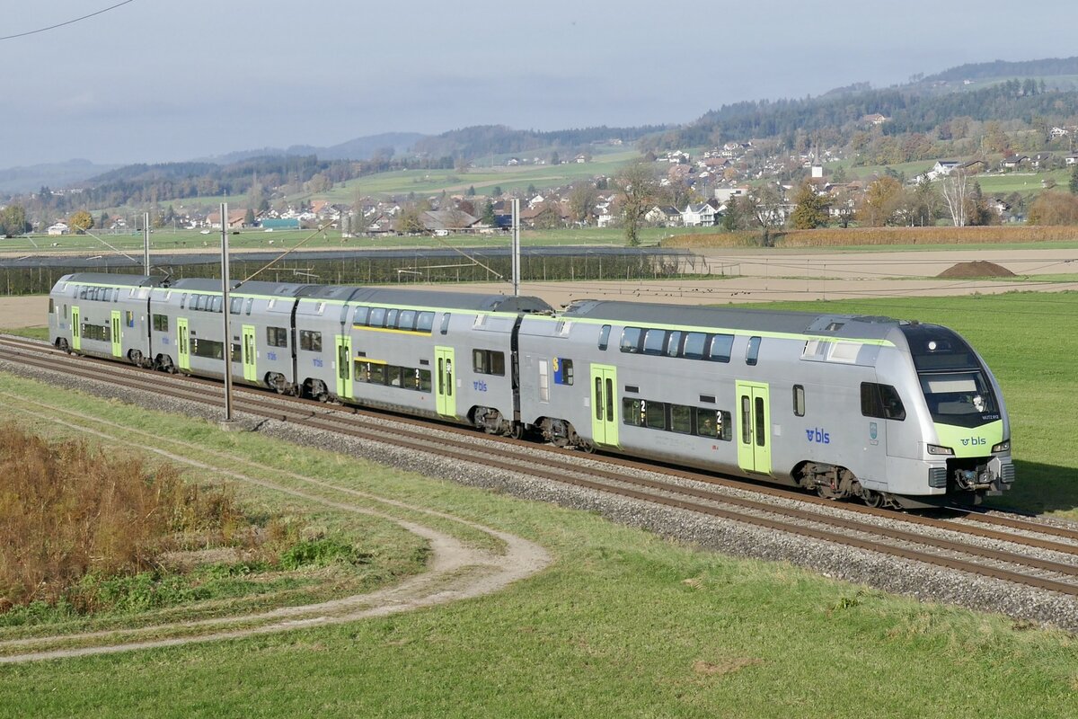 Der MUTZ RABe 515 012  Lyss  der als S1 nach Thun unterwegs ist am 11.11.24 zwischen Wichtrach und Kiesen.