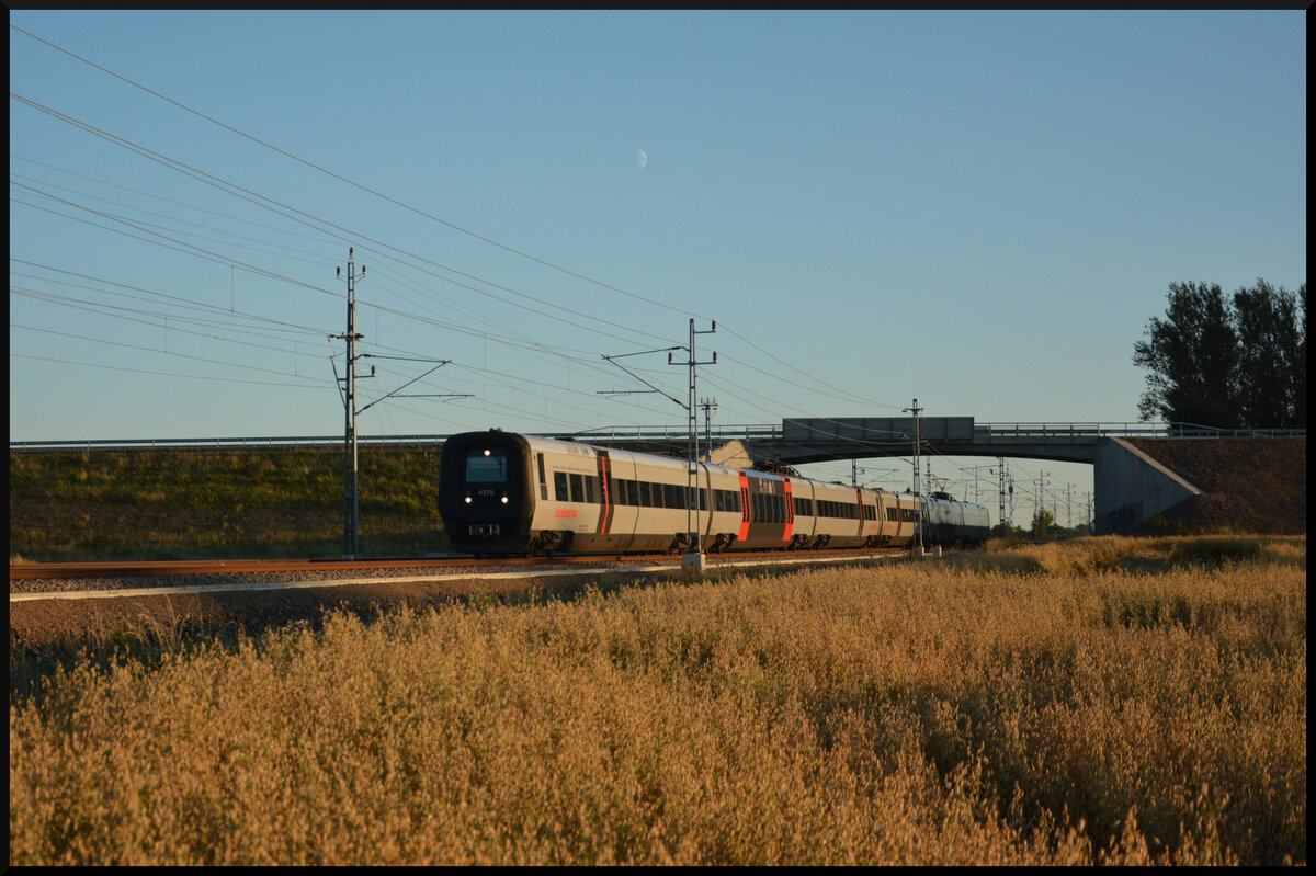 Der Öresundståg X31K/ET 4376 ist am Abend des 12.08.2024 südlich von Ängelholm auf dem Weg von Kopenhagen nach Göteborg. 