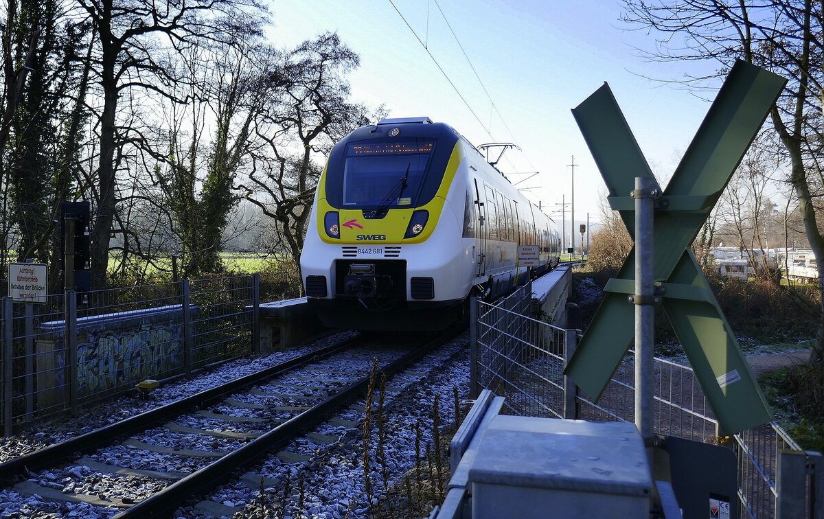 der Triebwagen der Münstertalbahn überquert bei Staufen im Markgräflerland das Flüßchen Neumagen, Dez.2024