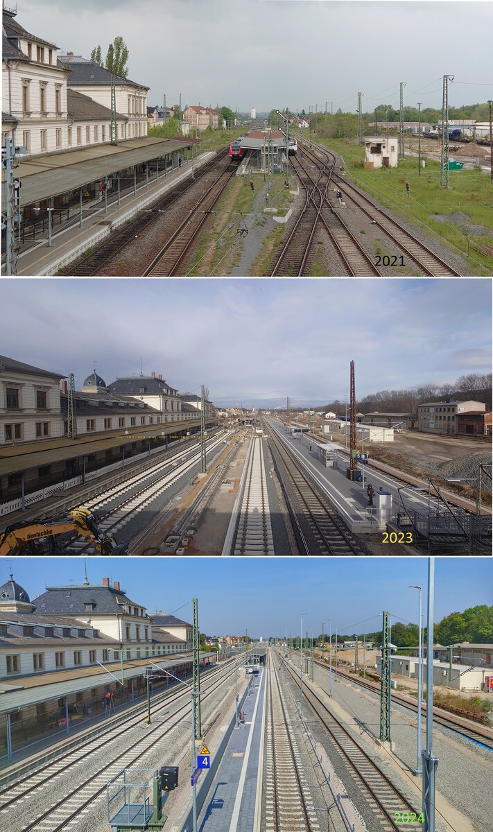 Der Umbau des Bahnhofs Altenburg in Thüringen ist abgeschlossen. Vom ehemaligen Reichsbahncharme mit seinen Formsignalen und Stellwerken ist nichts mehr vorhanden. Meterhohe Lärmschutzwände schirmen den Bahnhof komplett ab. Der von 2022 bis Anfang 2024 errichtete Behelfsbahnsteig der Gleise 5und 7, an dem die MDV S5 und 5X sowie der RE 3 hielten ist bereits zurück gebaut. Zugänglich war er nur über eine Behelfstreppe, die im mittleren Bild rechts zu sehen ist. Für mobilitätseingeschränkte Reisenden sowie Reisende mit Gepäck oder Kinderwagen war das der blanke Horror. 
Alle Aufnahmen stammen von der Fußgängerbrücke, die über die Bahnhofsgleise führen im Zeitraum Mai 2021-September 2024.