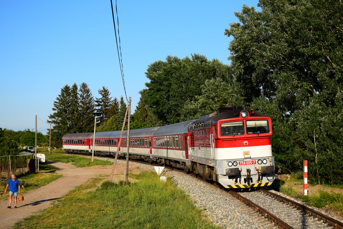 Die 754 005-er Taucherbrille mit dem Zug 4370 von Komárno (Komárom) nach Dunajská Streda (Dunaszerdahely) kurz vor Nová Stráž (Örsújfalu).
31.05.2022.