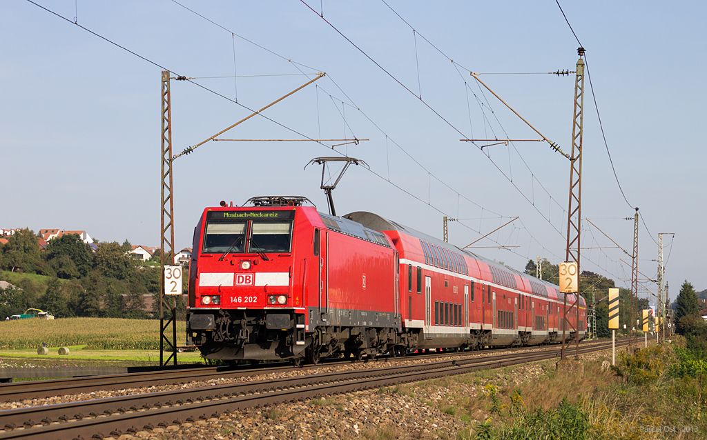 Die blitzsaubere Stuttgarter 146 202 war am 2. Oktober 2013 damit beschftigt, RE 19230 in Richtung Stuttgart Hbf zu befdern, als ich bei Ebersbach den Auslser bettigte.