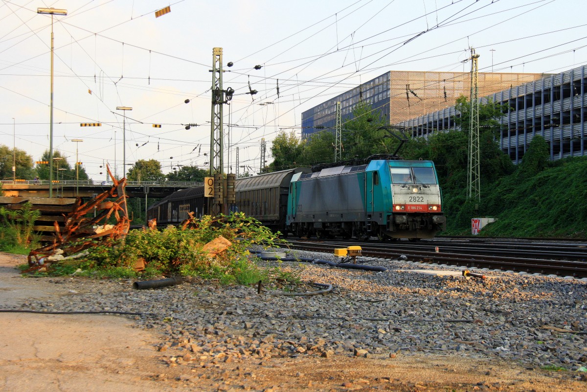 Die Cobra 2822 kommt aus Richtung Kln-Aachen-Hbf mit einem langen Papierzug aus Kln-Gremberg nach Zeebrugge(B) und fhrt in Aachen-West ein am einem schnem Sommerabend am 27.8.2013.