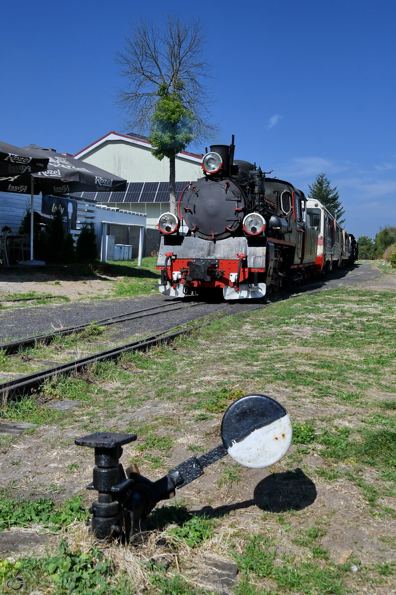 Die Dampflokomotive Px48 3901 ist gerade mit einem Sonderzug aus Koszalin (Közlin) angekommen. Hier in Rosnowo (Roßnov) pausiert der Zug ein paar Stunden, damit die mitgereisten Fahrgäste das Freizeitangebot am nahegelegenen See nutzen können. (September 2024)