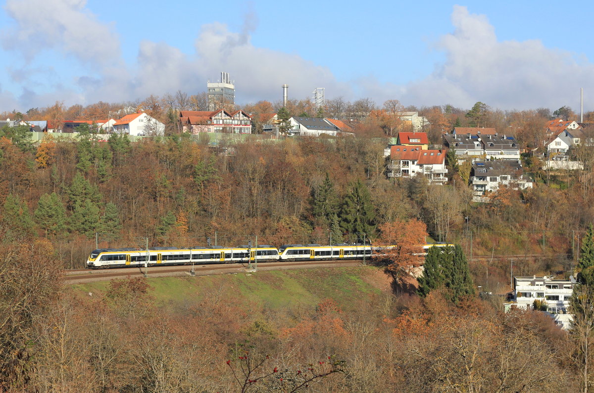 Doppeltraktion 442 als RE Stuttgart-Freudenstadt/Rottweil am 20.11.2020 bei Stuttgart-Dachswald. 