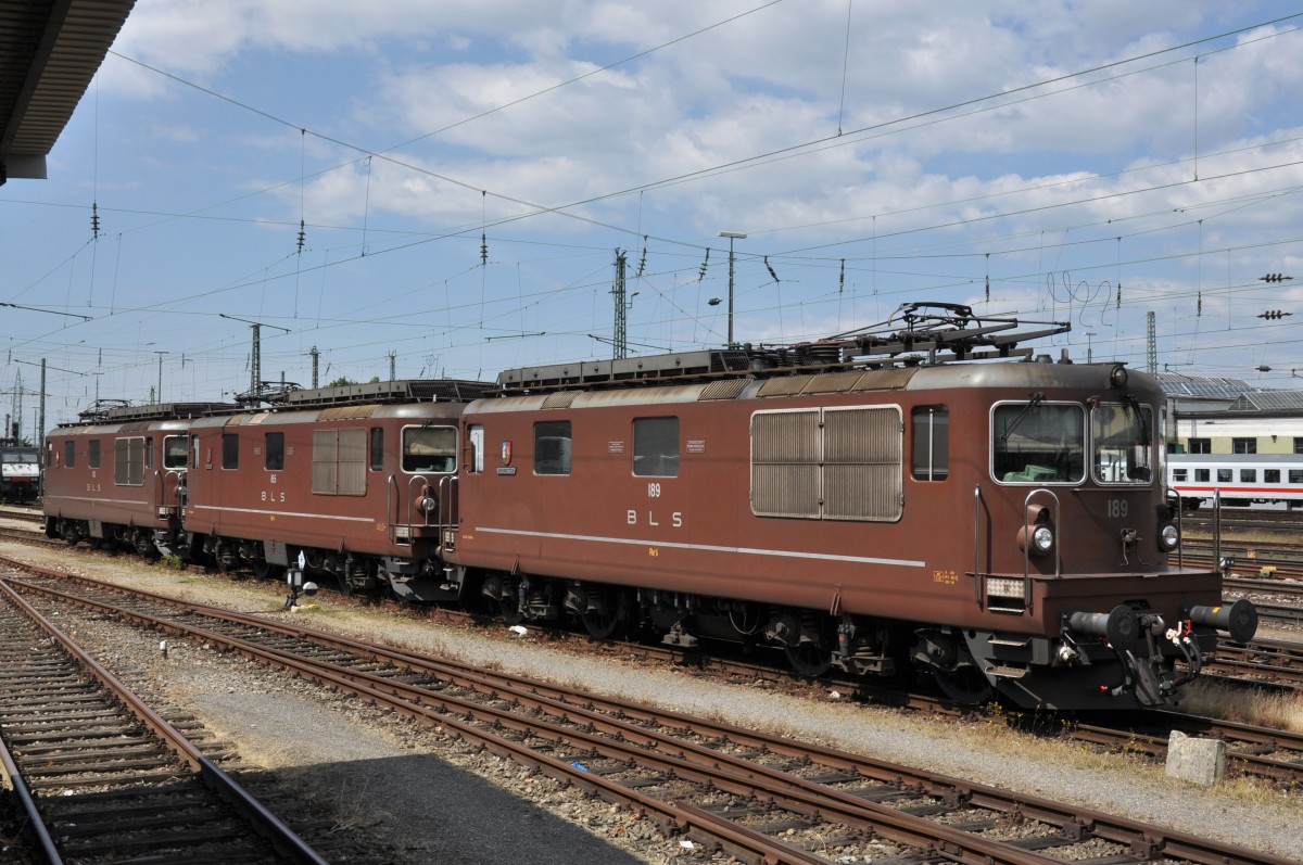 Drei Re 425 der BLS 189,165 und 163 abgestellt am Badischen Bahnhof. Die Aufnahme stammt vom 16.06.2014. 