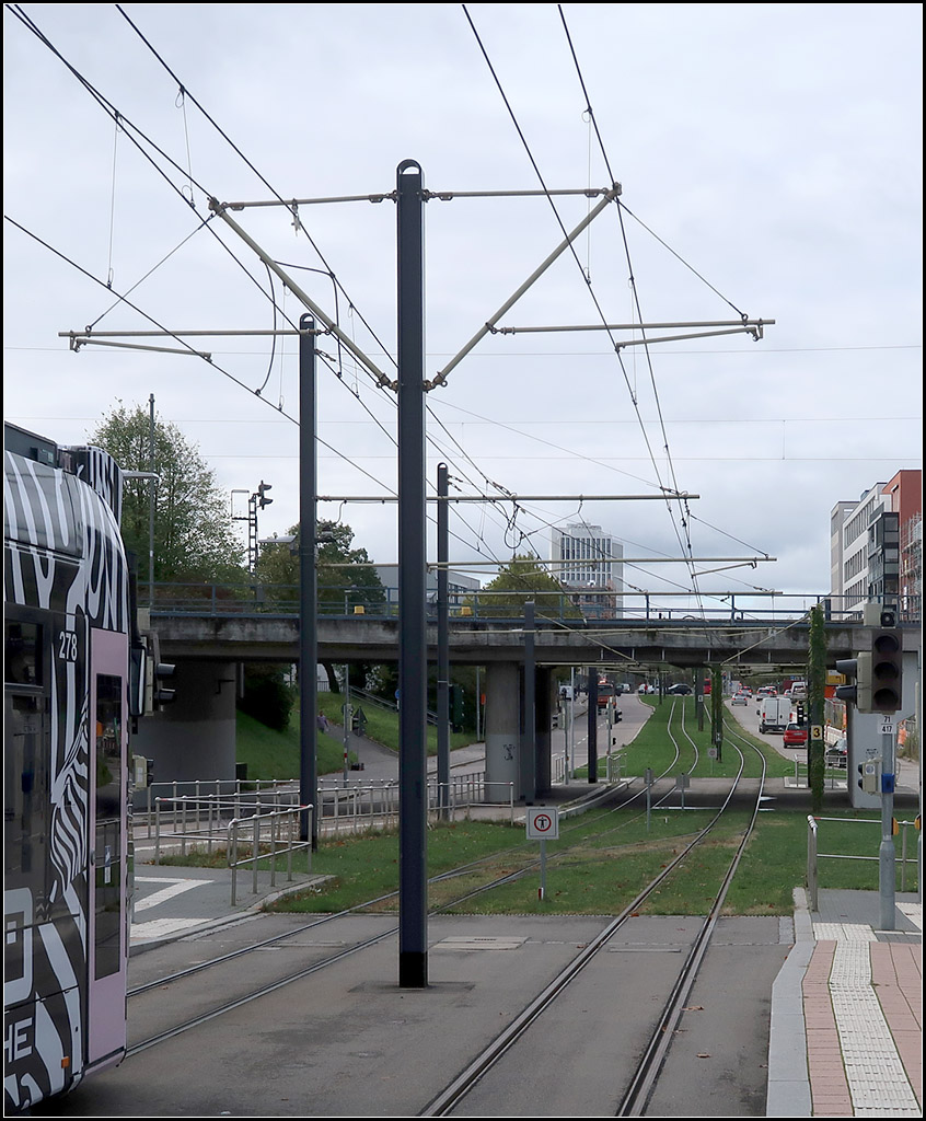 Durch die Berliner Allee in Freiburg -

Blick von der Haltestelle Technische Fakultät auf den Rasenbahnkörper in Mittellage der Berliner Allee. Auf der Brücke verläuft die Bahnstrecke Freiburg - Breisach am Rhein.

07.10.2019 (M)