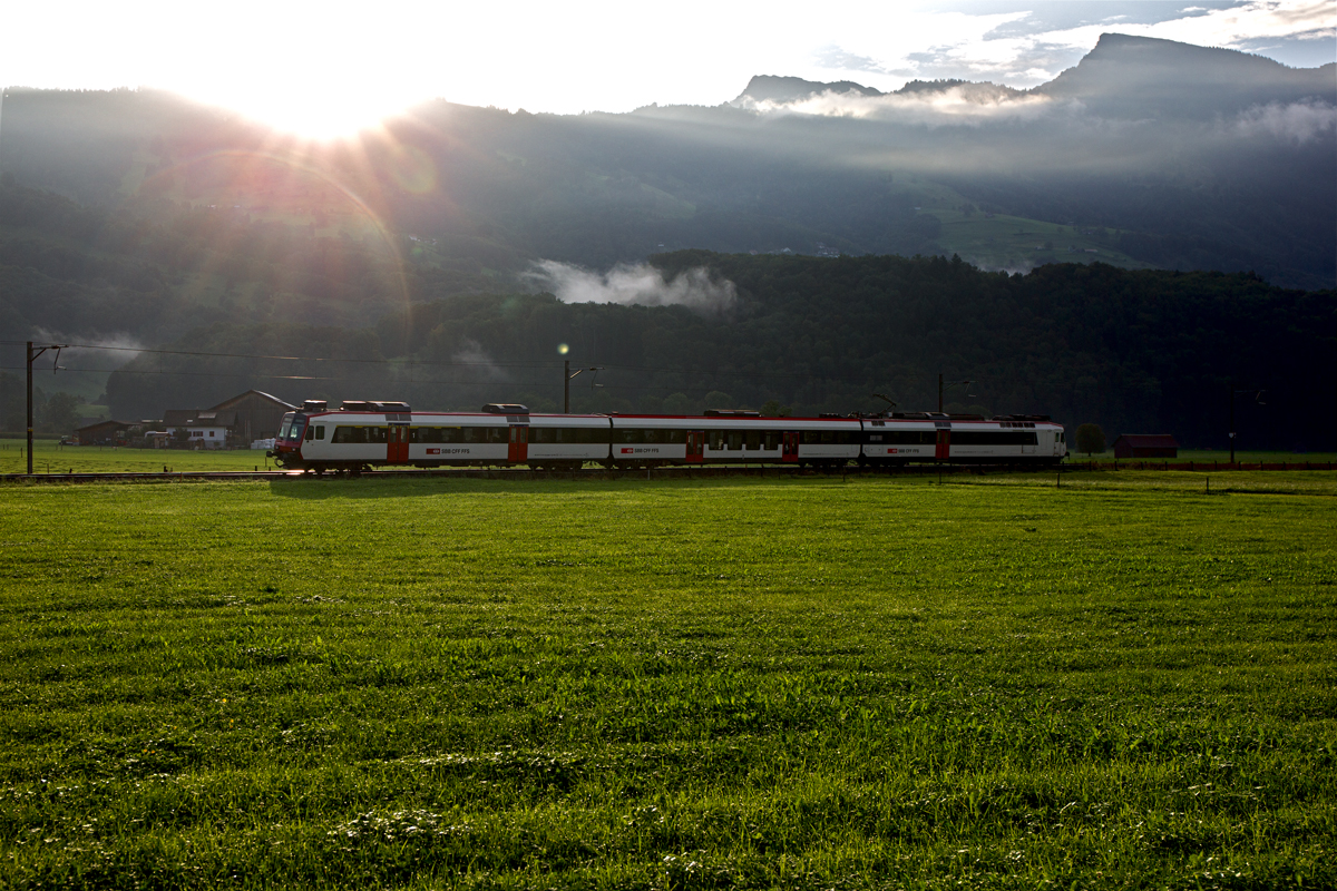 Ein Domino am frühen Morgen des 30.8.2014 bei der Vorüberfahrt in Benken.
Im Hintergrund ist der Speer links und rechts der
Chüemettler zu sehen,der Speer ist der grösste Nagelfluhberg Europas.
Bild vom 30.8.2014