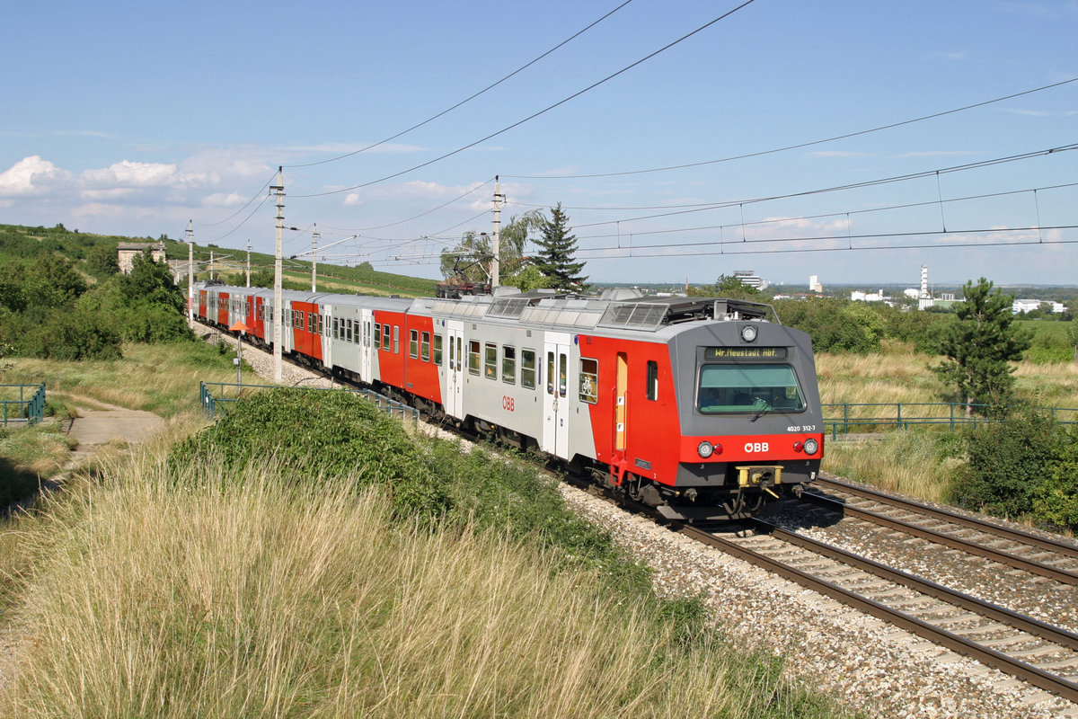 Ein rotes 4020-Doppel durchfährt als S die Weinberge bei Pfaffstätten. 29.7.16