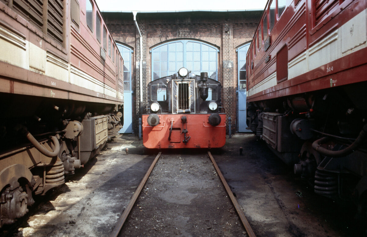 Eingezwängt zwischen 120 109 (links) und 120 295 steht die DR-Kleinlok 100 859 am 19.09.1991 im Bw. Leipzig-Wahren.