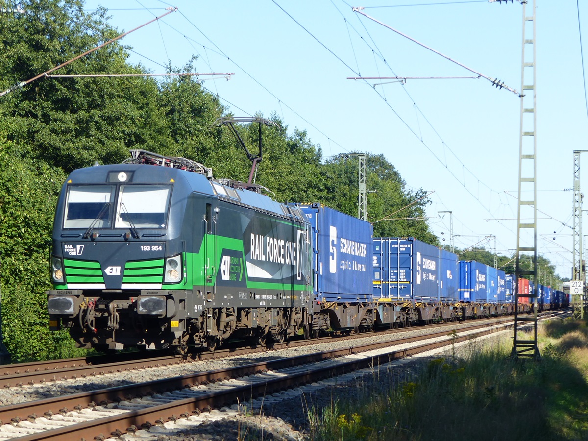 ELL 193 954 (Rail Force One) mit Containerzug in Rheine=Bentlage, 29.07.2024