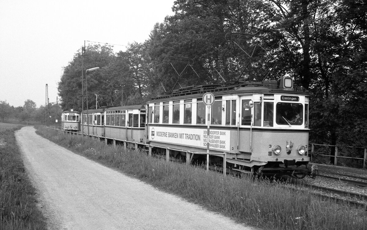 END Straßenbahn Esslingen-Nellingen-Denkendorf__Tw 3 [ME 1926] mit Bw 29 [ME 1929] und Bw 22 [ME 1926] und ein folgender Tw in der Ausweich-Haltestelle 'Krähenbach' zwischen Nellingen und Scharnhausen. __08-06-1976 