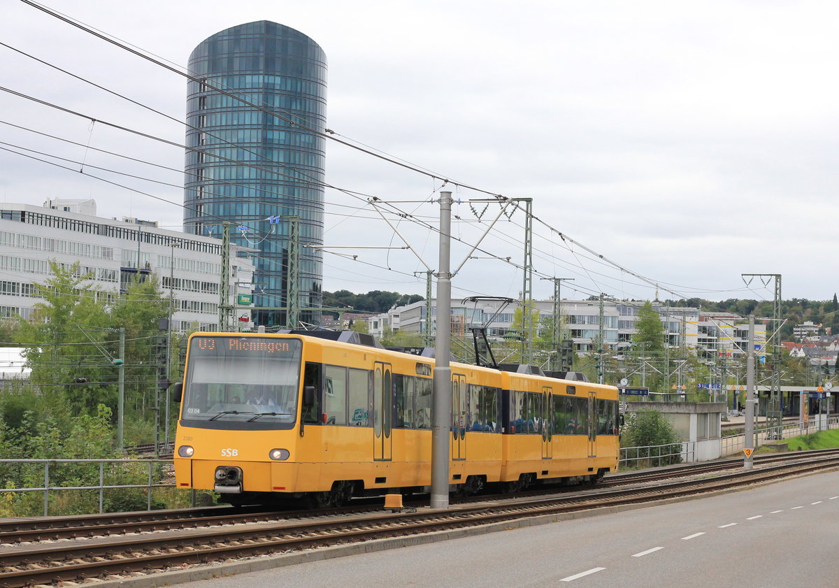 Fahrzeug 3380 als U3 Vaihingen-Plieningen am 27.09.2020 zwischen Vaihingen Bf und Jurastraße. 