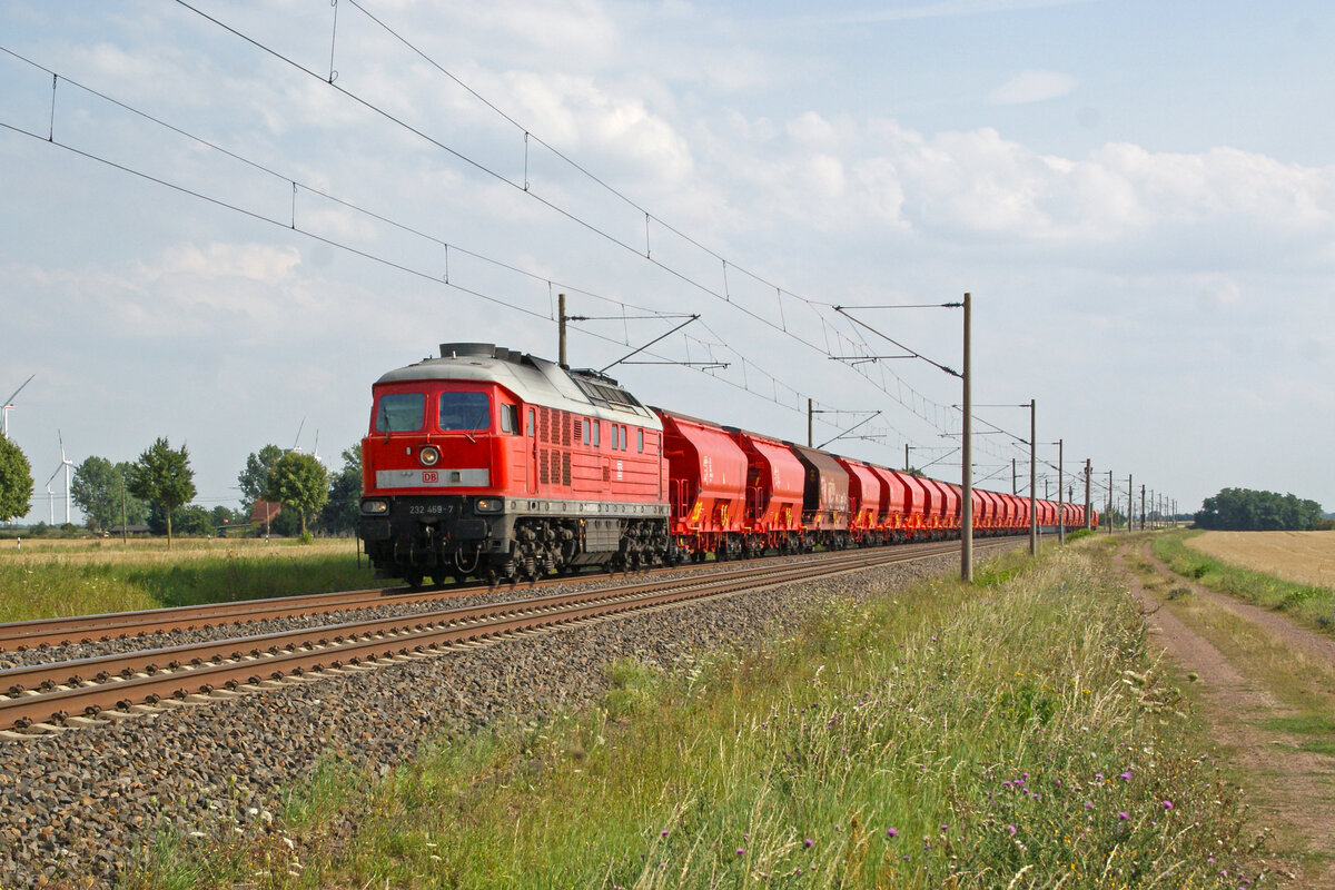 Hier zusehen ist 232 469 am 1.8.24 mit einem leeren Salzzug nach Baalberge bei Arensdorf in Richtung Köthen.