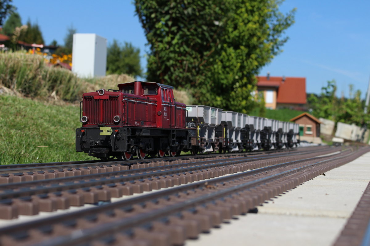 Im Bahnhof Strauchbach der sich am 5.9.2020 noch im Bau befindet steht die VL21 der StLB mit einem Schotterzug für die Baustelle im Bahnhof.
Das reale Vorbild zu dieser Lok, die auf der 251 901 basiert, wurde 1971 von der DB an die Thörlerbahn verkauft und fuhr dort als VL21 bis 1999. Sie kehrte danach nach Deutschland zurück auf die Insel Rügen.