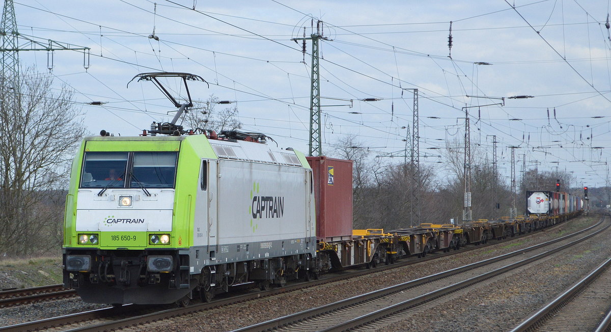 ITL - Eisenbahngesellschaft mbH, Dresden [D] mit  185 650-9  [NVR-Nummer: 91 80 6185 650-9 D-ITL] und Containerzug am 25.02.20 Bf. Saarmund.