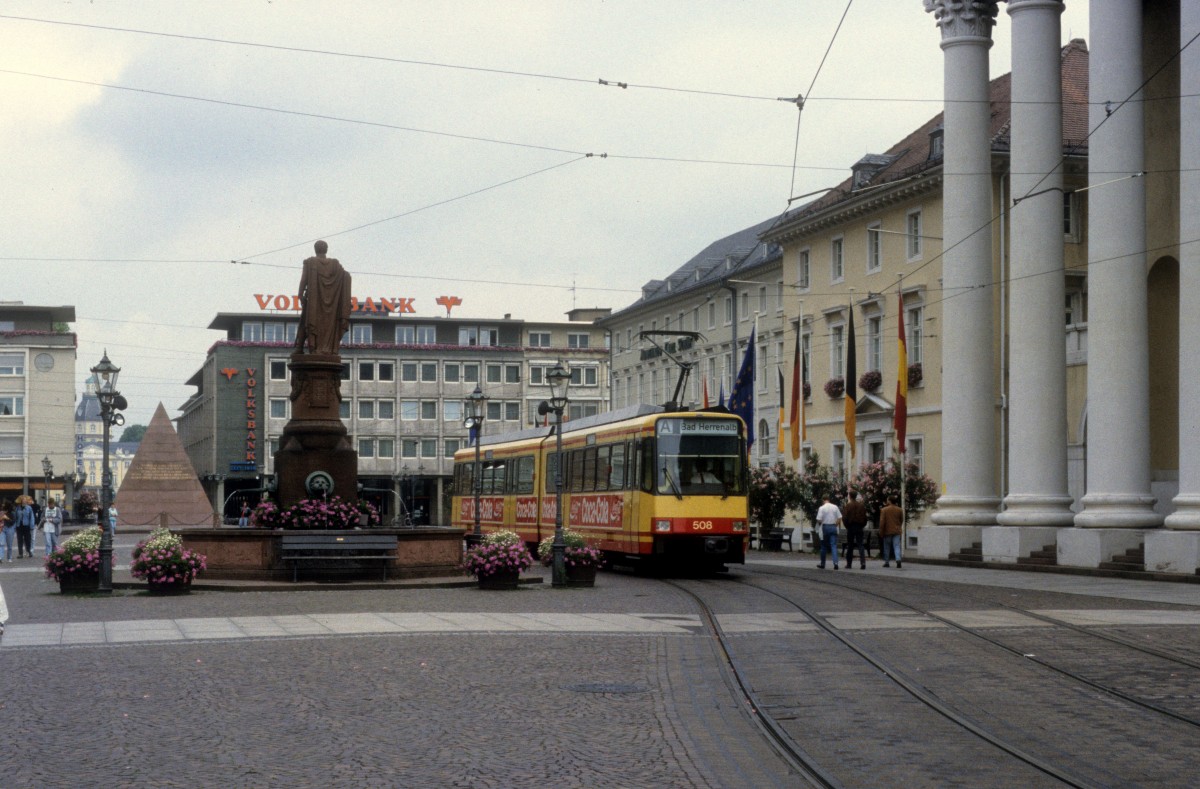 Karlsruhe AVG SL A (Waggon Union-GT6-80C 508) Marktplatz am 27. Juni 1993.