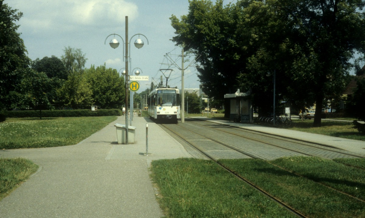 Karlsruhe VBK SL 2 (GT6 539) Hst. Karl-Delisle-Strasse im Juli 1988.