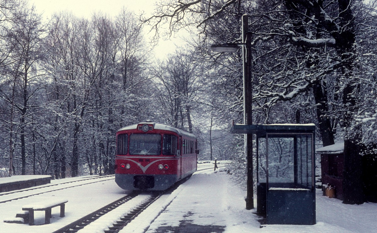 LNJ im März 1975: Ein Triebwagen des Typs Ym (Hersteller: Waggonfabrik Uerdingen) verlässt eben den Haltepunkt Fuglevad in Richtung Nærum.  