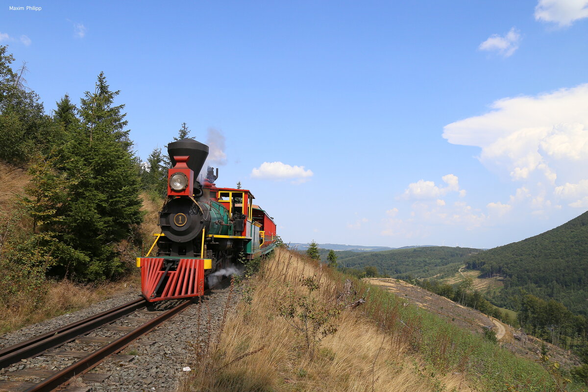 Lok No. 1 des Santa Fé Express, einer 914mm-Schmalspurbahn im Sauerland (NRW), des FORT FUN Abenteuerland, Bestwig. Sowohl die gasbefeuerte Schlepptenderlokomotive wie auch der Wagenpark wurden bei den Crown Metal Products in Pennsylvania/USA produziert und kamen 1979 als US-Import nach Deutschland. 13. August 2024.