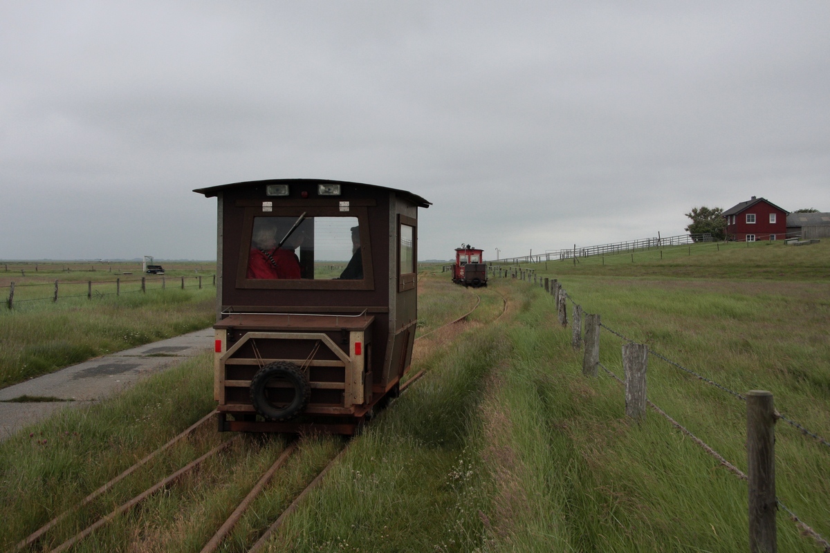 Lore 19 fährt, von Langeness kommend, in die Ausweiche Olandwarf ein. In der Literatur wird diese Ausweiche auch von Bewohnern als Oland Hbf bezeichnet. (10.06.2012)