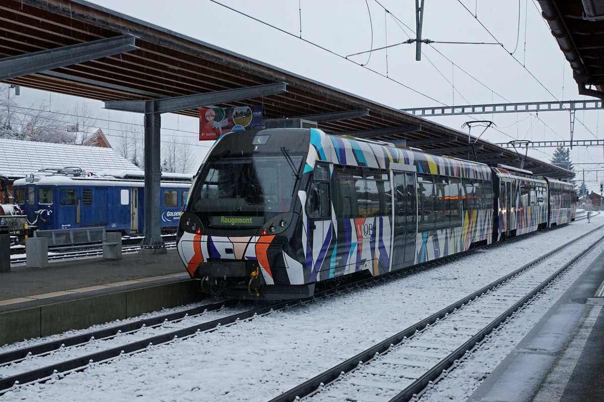 Montreux-Berner Oberland-Bahn/MOB.
Bahnhof Gstaad am 27. Dezember 2019 bei sehr schlechtem Winterwetter.
Foto: Walter Ruetsch