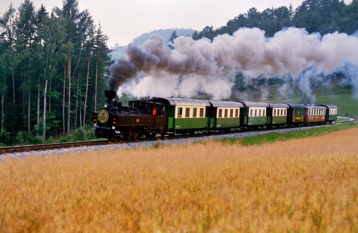 Museumszug der Feistritztalbahn mit Dampflok U 44.
Datum: 15.07.1986