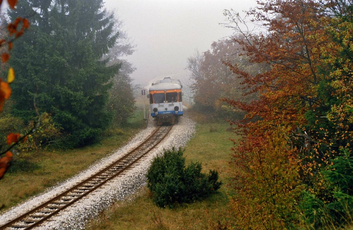 Nebel zusammen mit Schienenbus auf der Alb. Wer hätte das nicht gerne zurück?
Ein Schienenbus auf der WEG-Nebenbahn Amstetten-Laichingen zwischen Amstetten und Oppingen.
Das Foto entstand am 02.11.1984. 