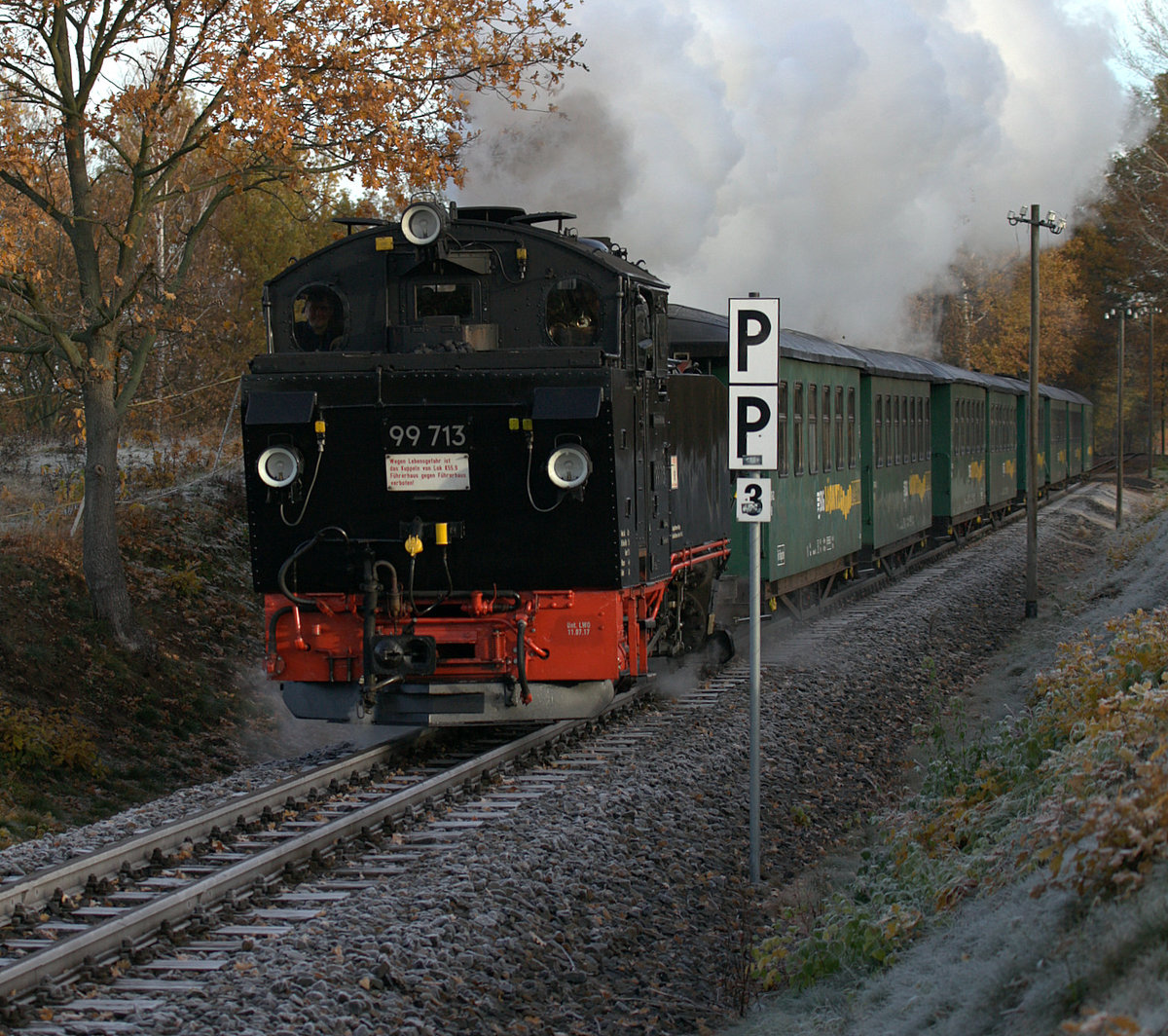 Pf 2 mit dem Zusatz 3x , 3x Pfeiffen, es kommen 3 ungesicherte Bahnübergänge, Strecke Radebeul Ost-Radeburg, nahe Moritzburg. 99 713 passiert gerade mit einem Zug Richtung Radebeul Ost.21.11.2020 09:59 Uhr.