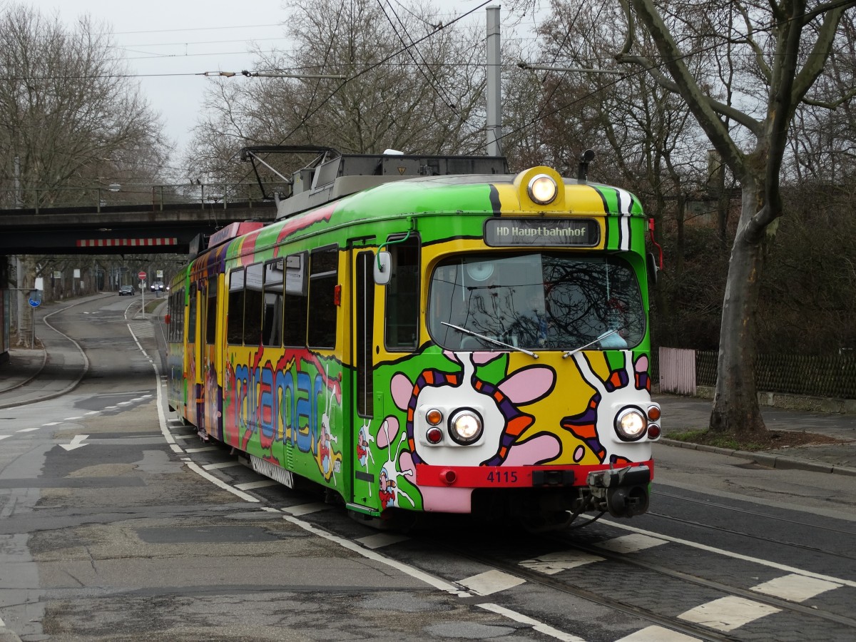 RNV Düwag GT8 4115 (ex OEG) am 22.02.15 in Mannheim im Rahmen der IGN Sonderfahrt