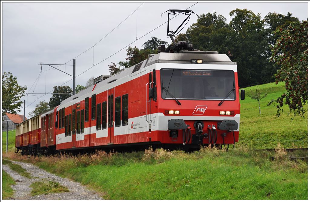 S25 5016 mit BDeh 3/6 25 auf Talfahrt am Rorschacherberg zwischen Wartensee und Sandbüchel. (21.09.2014)