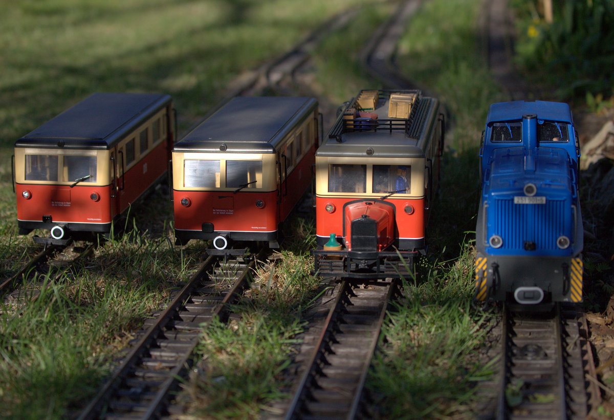 Saisoneröffnung im Garten. Neben dem Schweineschnäuzchen ist ein Wismarer Triebwagen und eine Lok der PRES, das Vorbild  zu Hause bei der Rügenschen Bäderbahn, vorgefahren. 20.04.2020 14:34 Uhr.