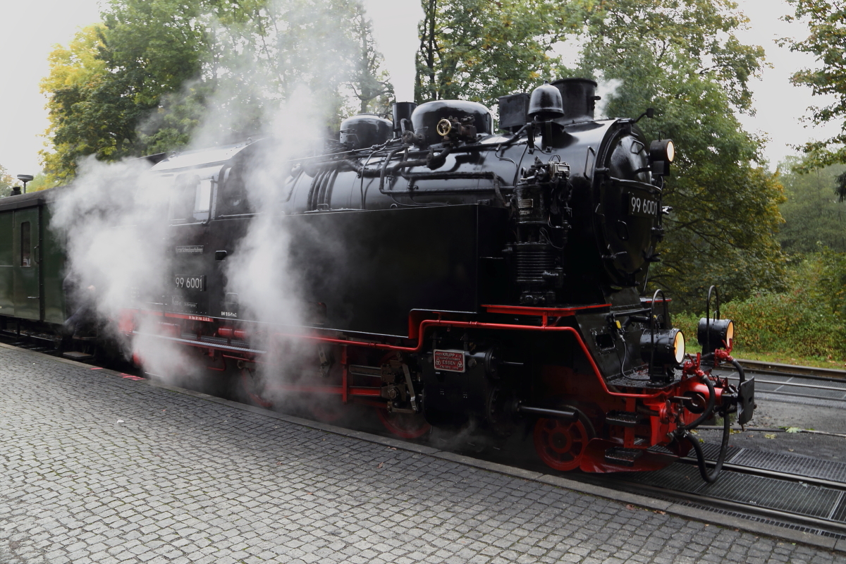 Soeben ist am Vormittag des 18.10.2015  Ballerina  99 6001, mit ihrem IG HSB-Sonderzug auf der Fahrt von Wernigerode nach Harzgerode und Quedlinburg, in den Bahnhof Drei Annen Hohne eingefahren, wo das erste Wasserfassen ansteht. Als erfahrenes  Foto-Modell  weiß die Lok natürlich, wie man sich in Szene setzt und bietet den Fotografen hier die Pose  Lok in Dampf gehüllt ! ;-)