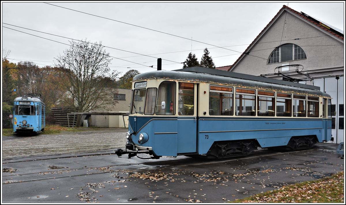 SRS Schöneicher-Rüdersdorfer-Strassenbahn GmbH, Depot Schöneiche an der Strassenbahnlinie 88 vom S-Bahnhof Friedrichshagen nach Rüdersdorf. Duewag GT6 48 aus Heidelberg und Eigenbau/LEW Nr.73 von 1966. (17.11.2019)